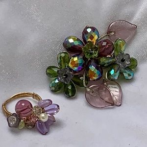Pink  Violet Beaded Brooch, Matching Ring
